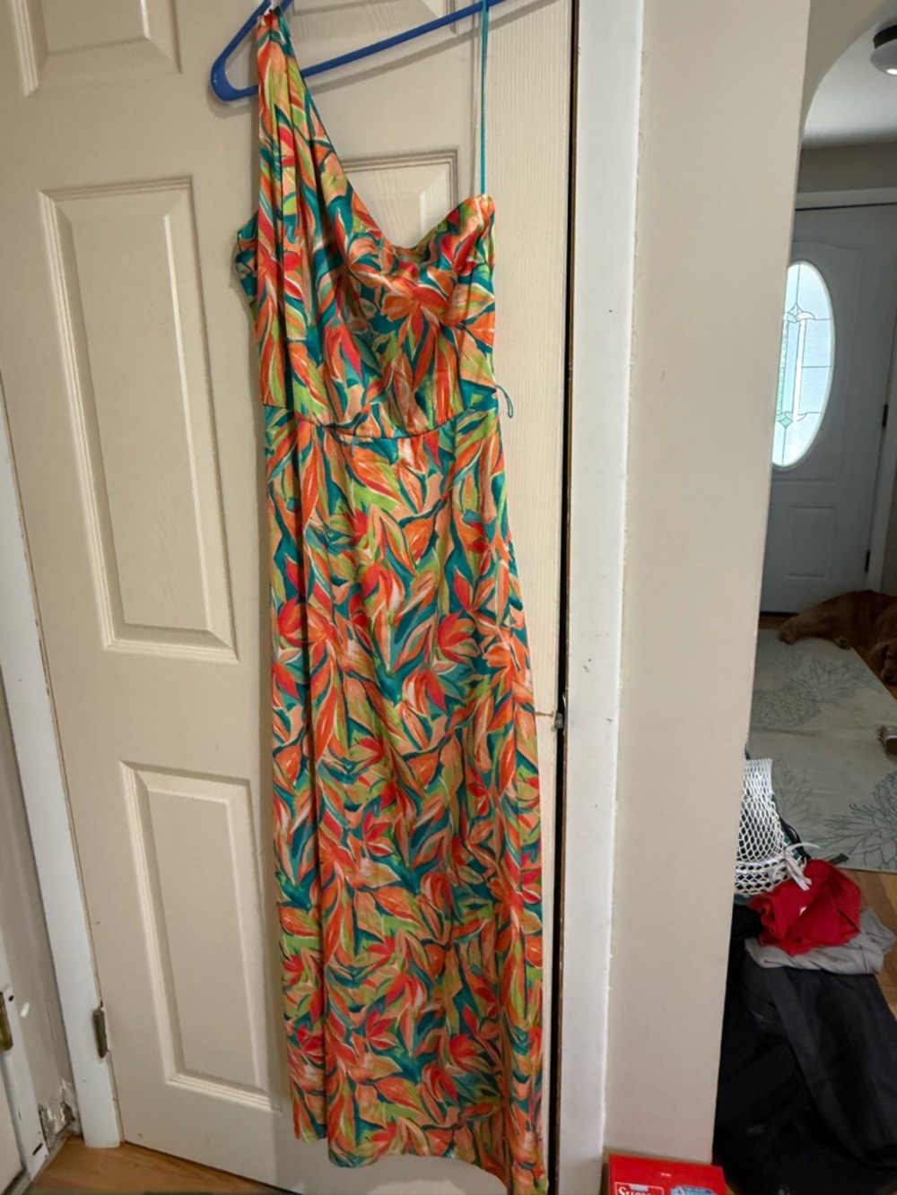 Nicole Miller One-Shoulder Maxi Dress in Orange, Teal and Pink Leaf Print